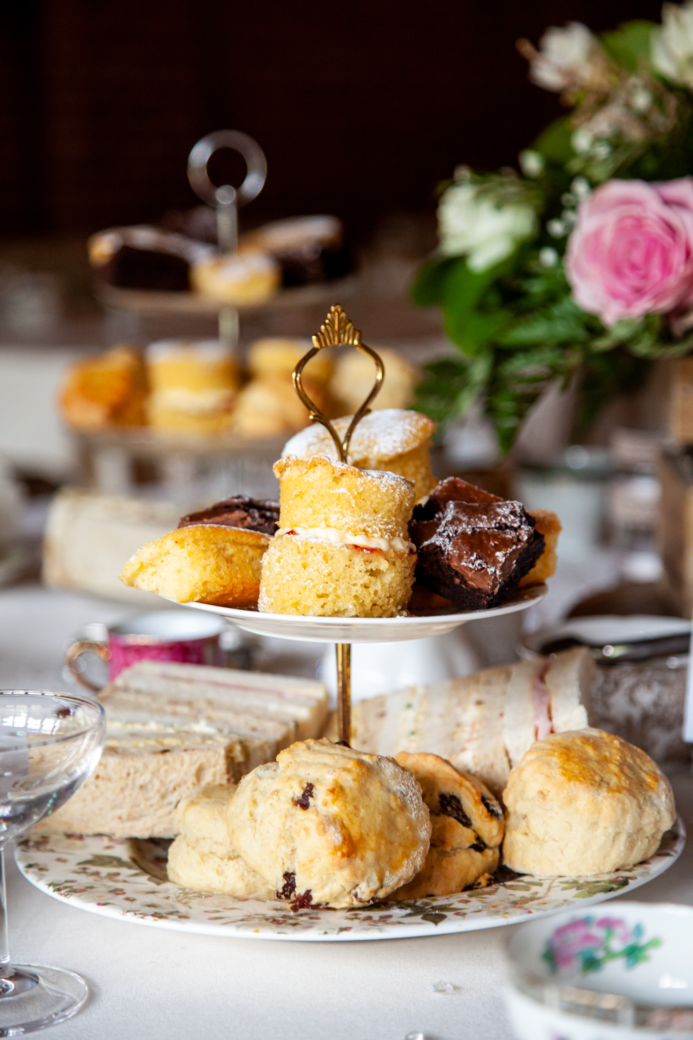 Cream tea on a tiered vintage china tea plate