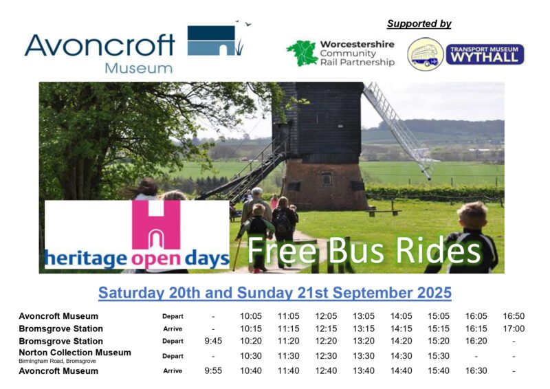 heritage bus timetable from Bromsgrove Station to Avoncroft Museum 